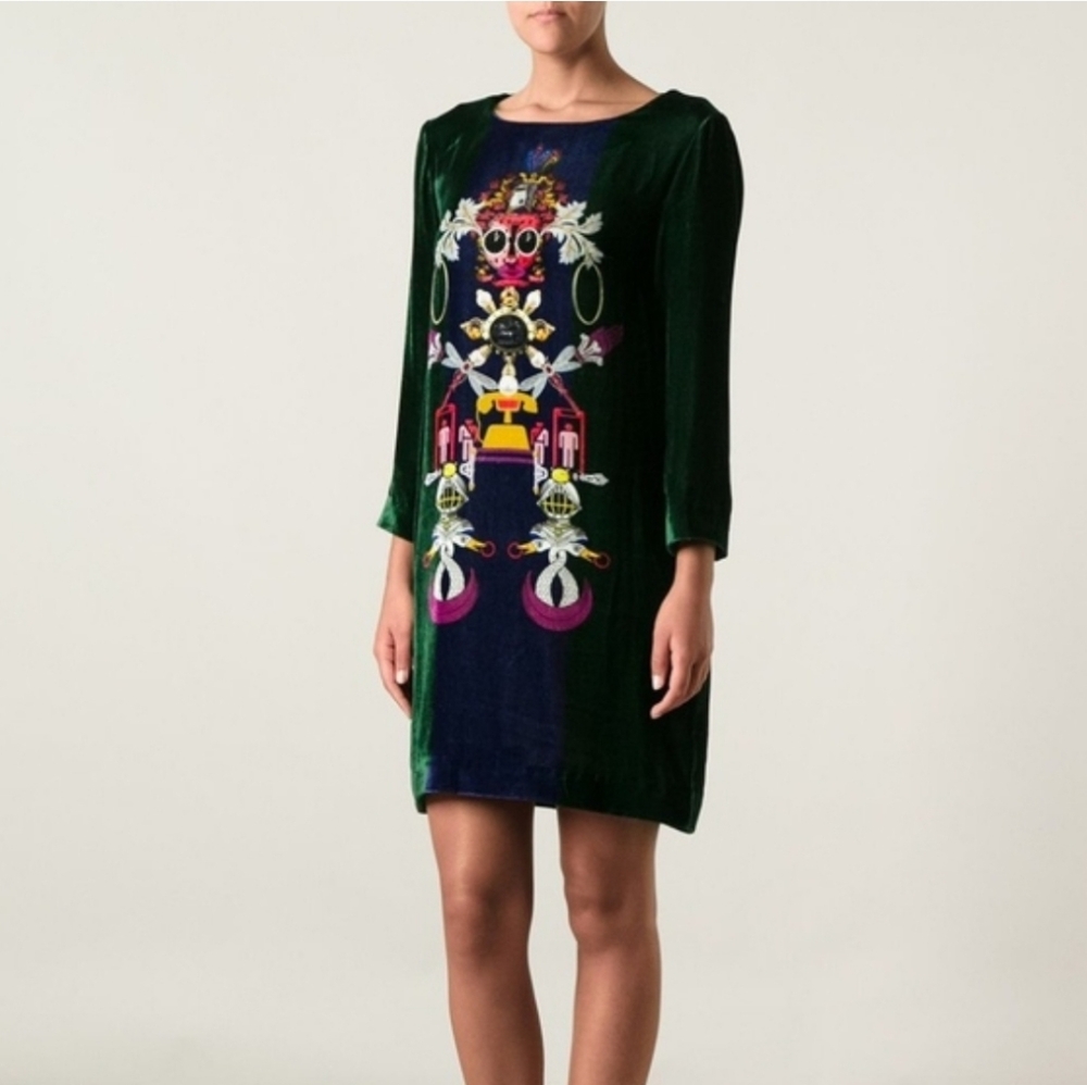 Mary Katranzou Elio Green Velvet Shift Dress Size 4